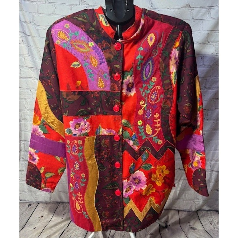 Spirit by Sandy Starkman Patchwork Art to Wear Jacket Shirt Colorful Plus 1X
